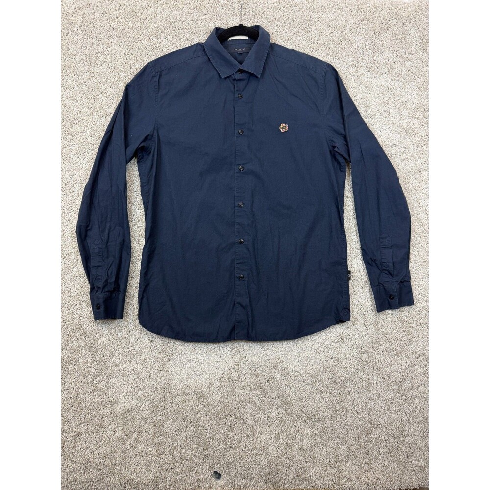 Ted Baker FONIK Men's L Navy Poplin Shirt Floral Logo 100% Cotton Size 4